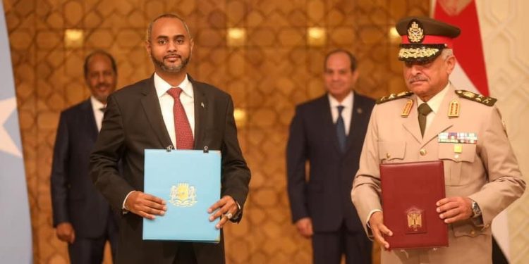 الرئيس الصومالي ونظيره المصري يشهدان مراسم التوقيع على بروتوكول التعاون العسكري بين البلدين
